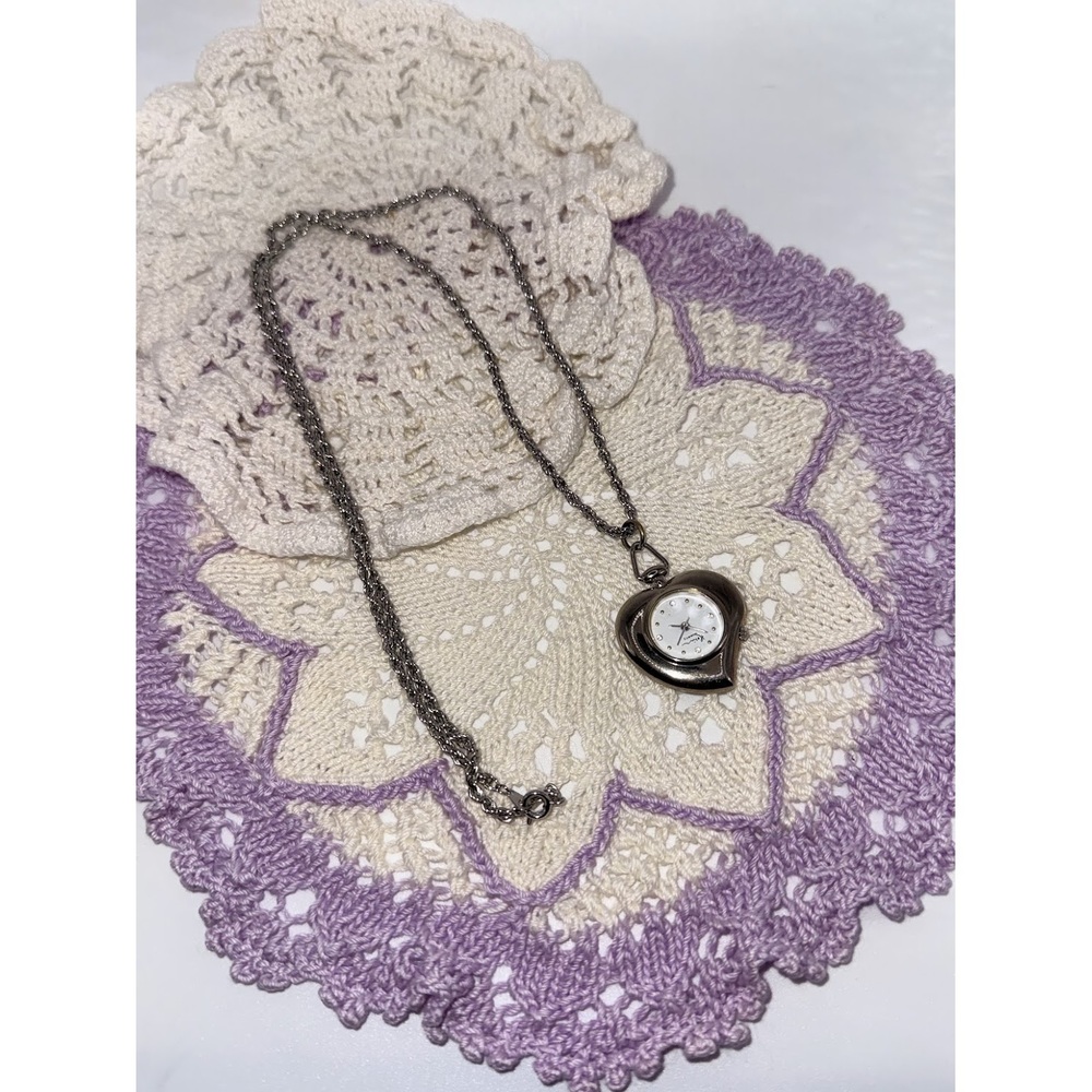 Vintage Hosin Watch Heart Pendant Necklace on Long Silver Chain
